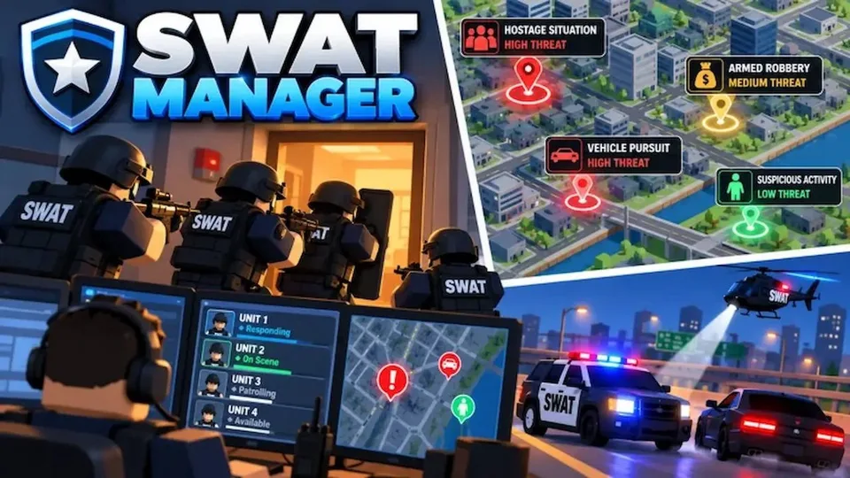 Promotional artwork for SWAT Manager, credited via Speedy Robbers.